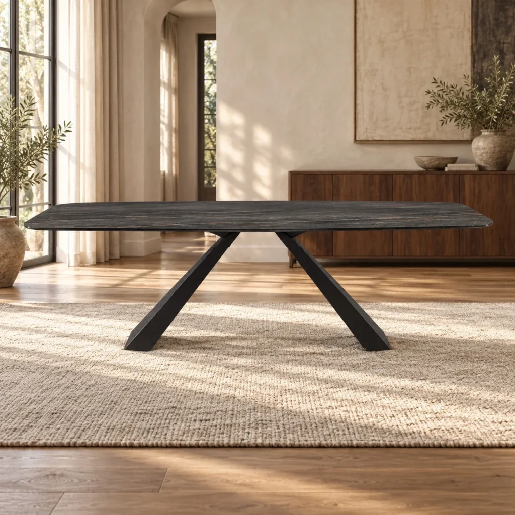 Black-Gold Sintered Stone Dining Table on Angular Metal Legs in black — front view
