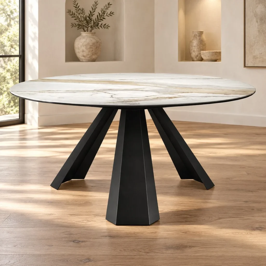 White-Gold Sintered Stone Round Table in ivory — front view
