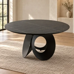 Black-Gold Sintered Stone Round Table in black — front view