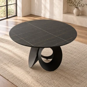 Black-Gold Sintered Stone Round Table in black — in a room setting