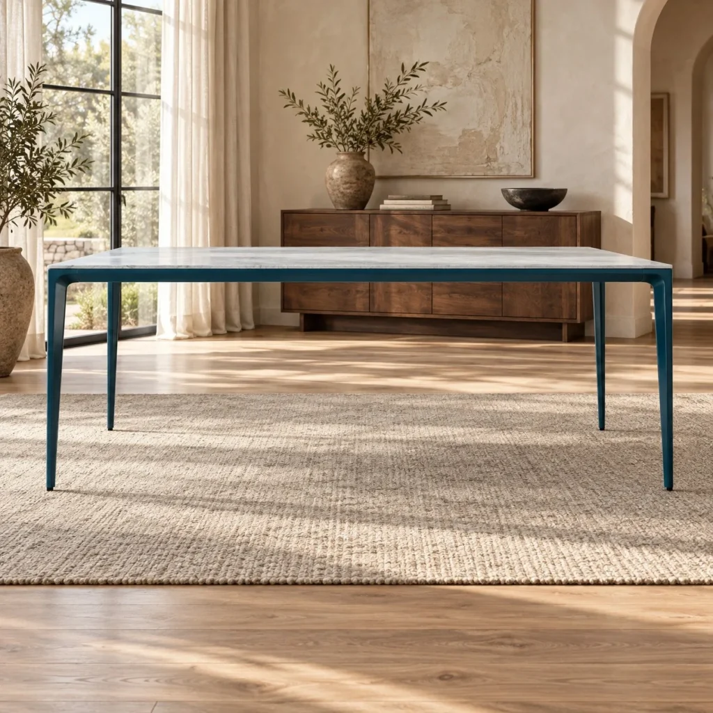 Marble Dining Table on Slim Teal Metal Legs in ivory — front view