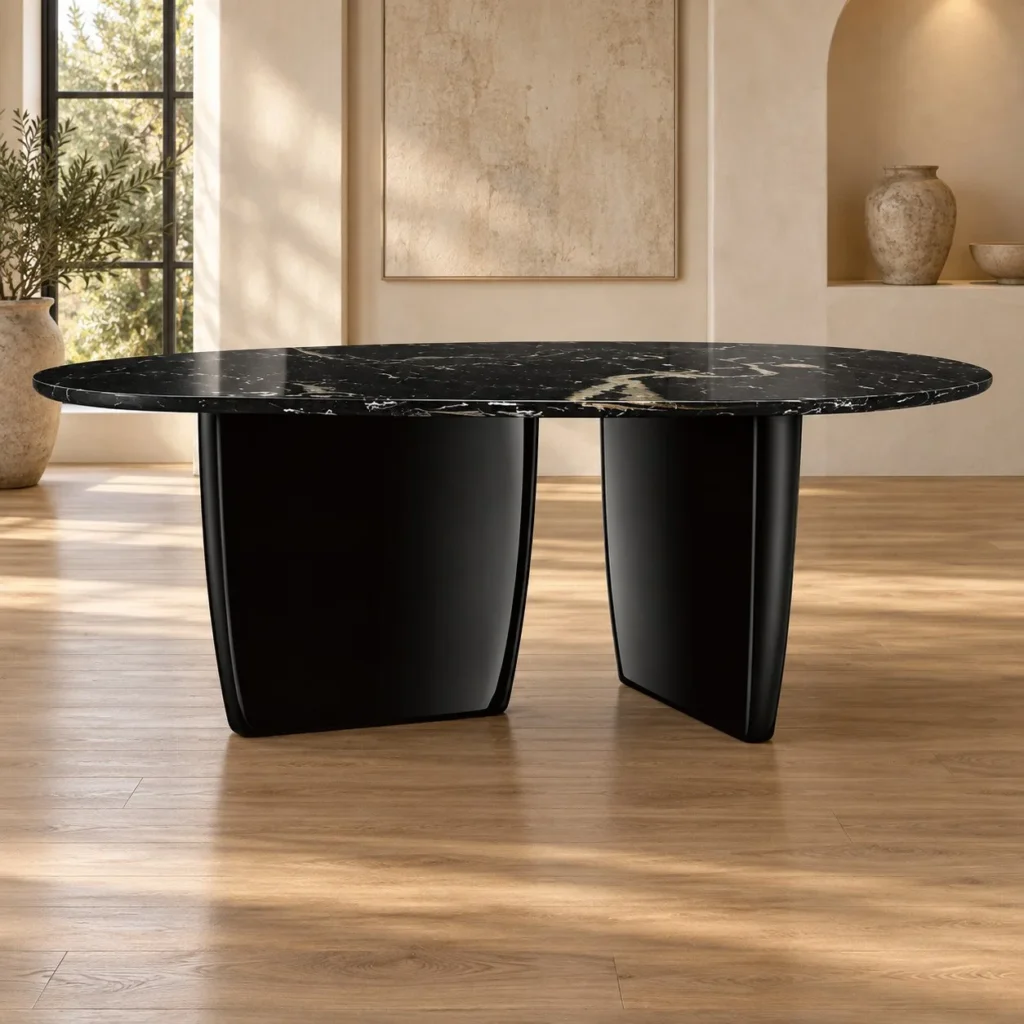 Black Marble Oval Dining Table on Curved Black Pedestals in black — front view