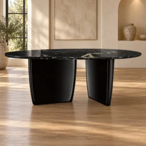 Black Marble Oval Dining Table on Curved Black Pedestals in black — front view