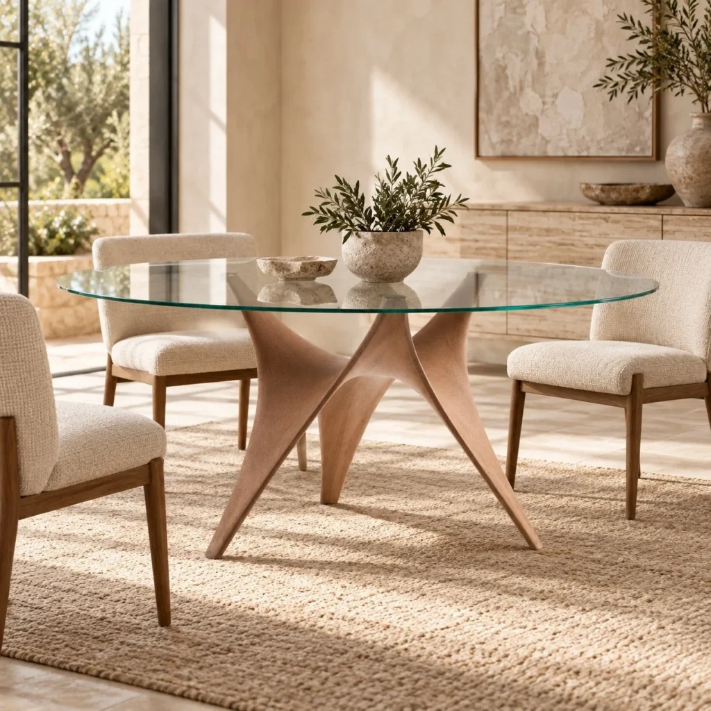 Round Glass Dining Table on Sculpted Wood Base in natural oak — front view
