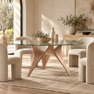 Round Glass Dining Table on Sculpted Wood Base in natural oak — in a room setting