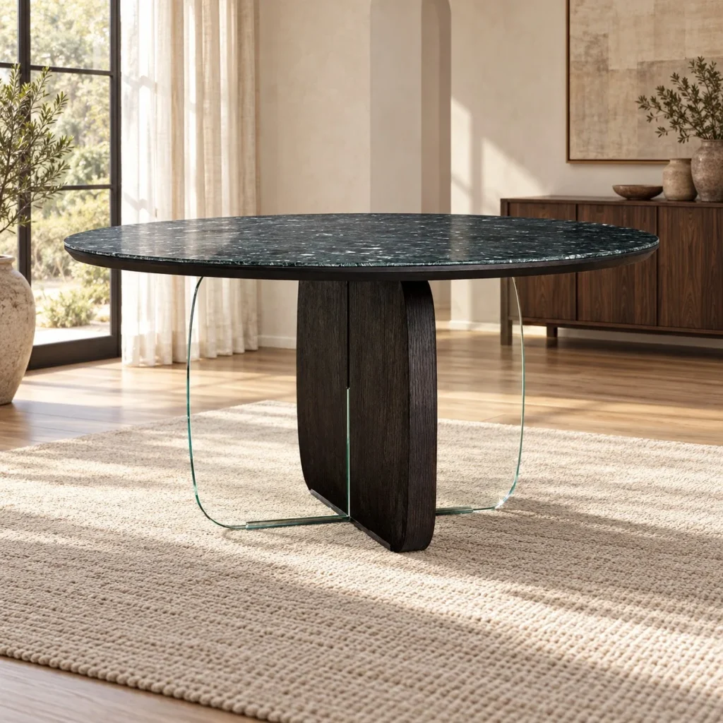 Dark Green Stone Round Table on Wood and Glass Base in olive — front view