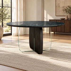 Dark Green Stone Round Table on Wood and Glass Base in olive — front view