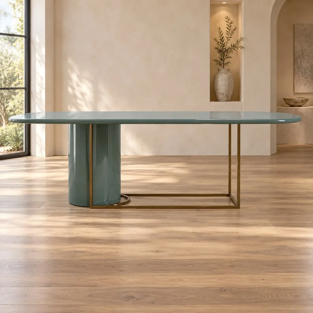 Teal Lacquer Dining Table on Cylinder and Brass Frame Base in olive — front view