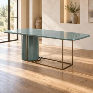 Teal Lacquer Dining Table on Cylinder and Brass Frame Base in olive — in a room setting