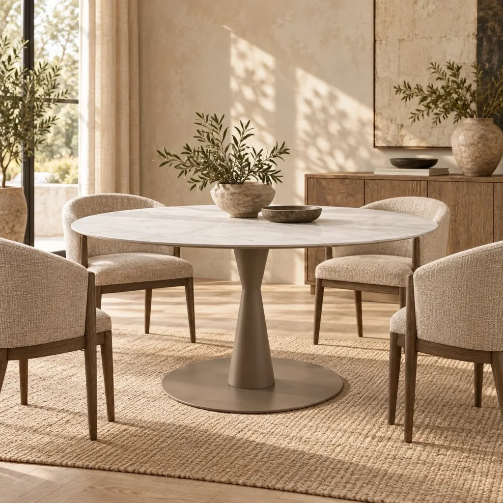 White Marble Round Table on Champagne Tulip Base in ivory — front view