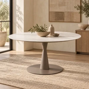 White Marble Round Table on Champagne Tulip Base in ivory — in a room setting