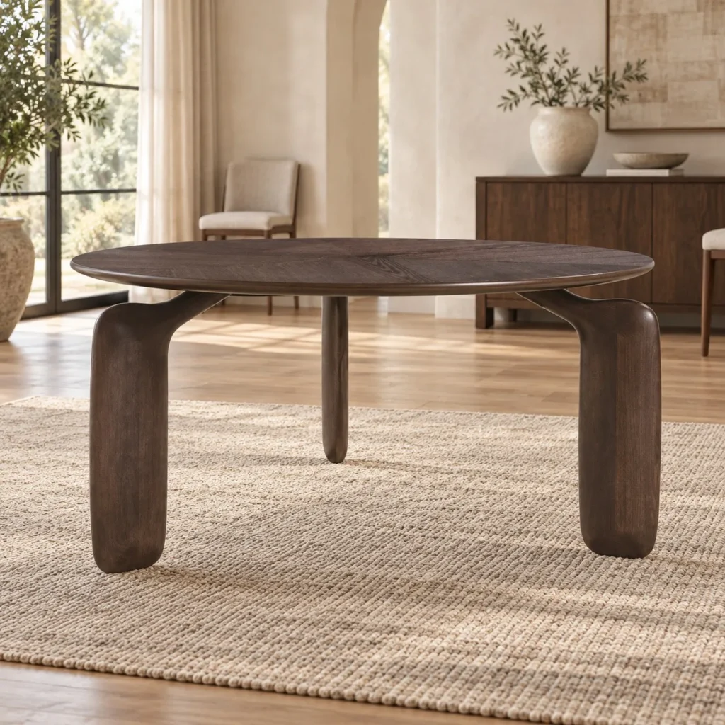 Dark Walnut Round Table on Sculpted Tripod Legs in walnut — front view