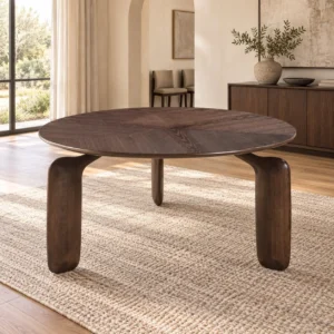 Dark Walnut Round Table on Sculpted Tripod Legs in walnut — in a room setting