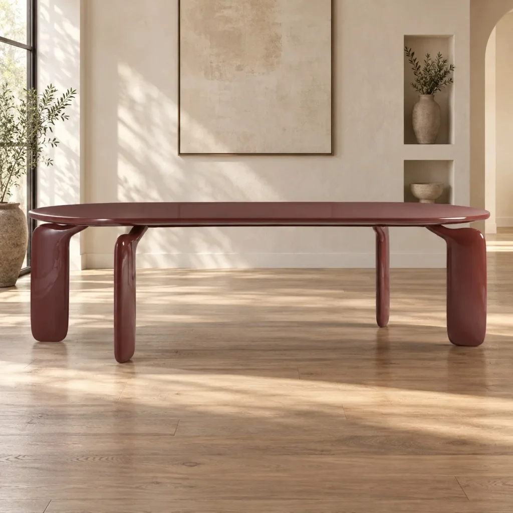 Burgundy Lacquer Dining Table with Rounded Frame Legs in burgundy — front view