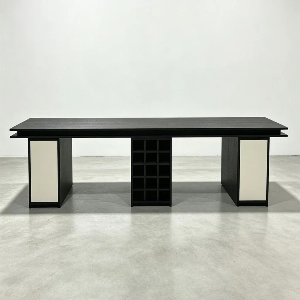 Black Dining Table with Built-In Wine Rack Base in black — front view