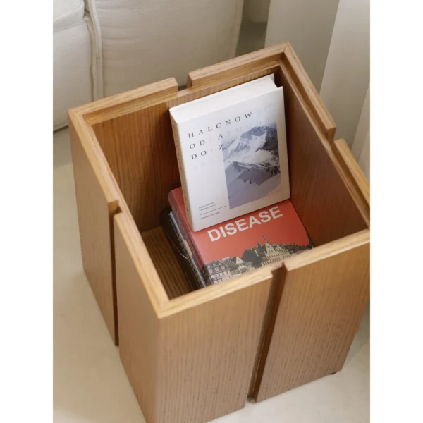 Fangcun Compact Oak Storage Side Table, 32 cm in natural oak — in a room setting