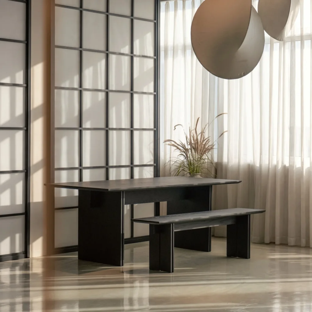 Guili Red Oak Dining Table with Bench in black — front view