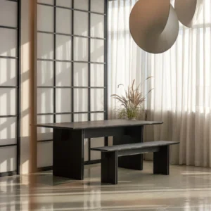 Guili Red Oak Dining Table with Bench in black — front view