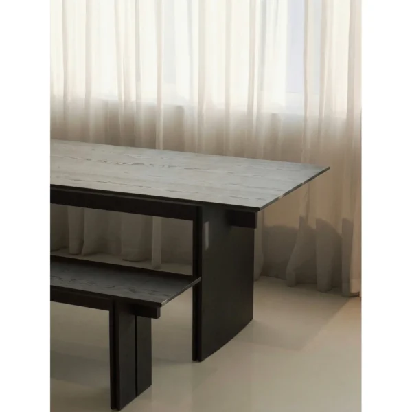 Guili Red Oak Dining Table with Bench in black — in a room setting