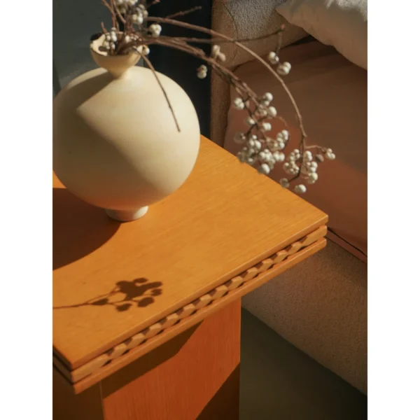 Oak Moss Block Nightstand with Slatted Top in natural oak — in a room setting