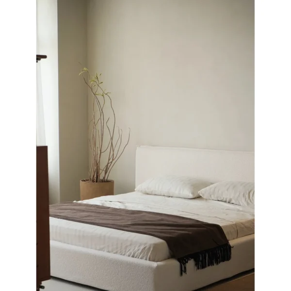 Pingchuan Bouclé Platform Bed in oatmeal — in a room setting