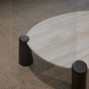 Island Travertine Coffee Table on Dark Wood Cylinder Legs in oatmeal — front view