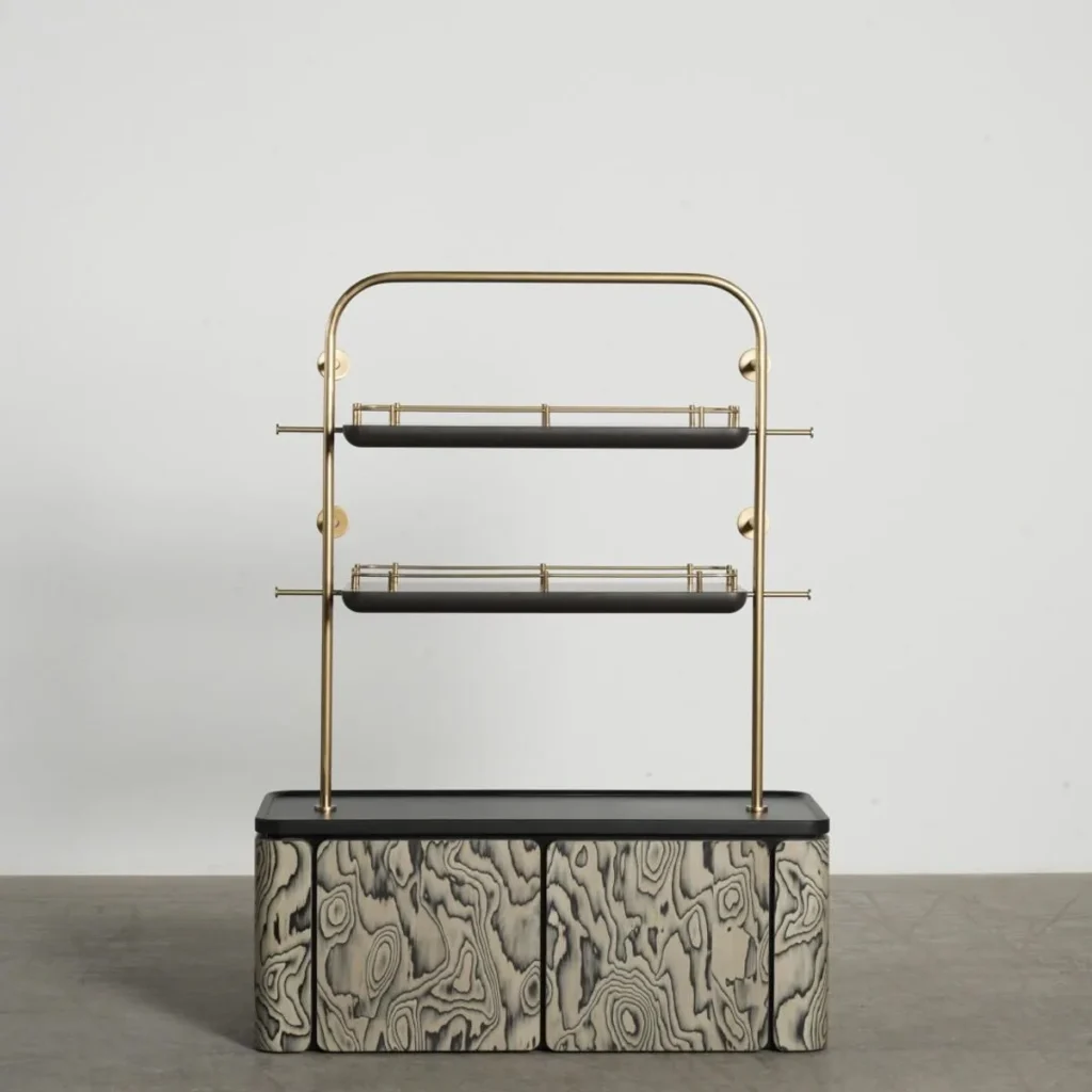 Brass Two-Tier Display Bar Shelf on Marbled Cabinet Base, 100 cm — front view