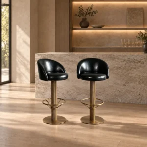Dorland Black Leather Swivel Bar Stool with Brass Column in black — in a room setting