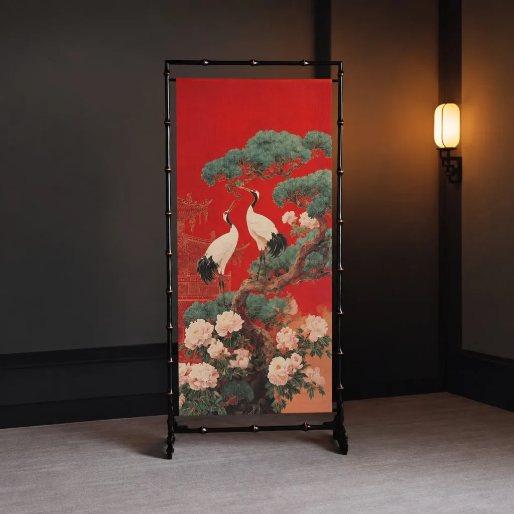 Twin Cranes Double-Sided Standing Screen in red — front view