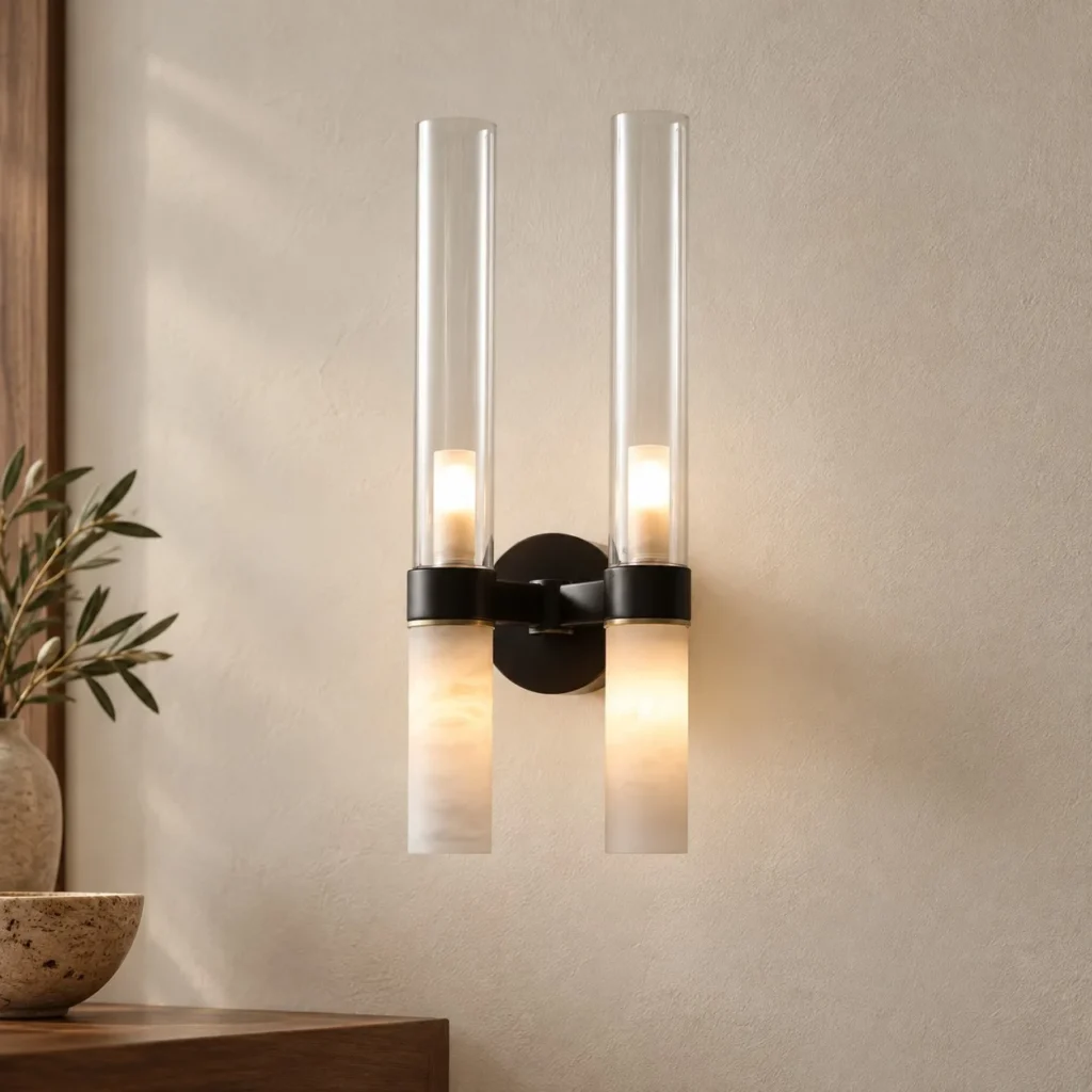 Double Crystal Tube Wall Light with Alabaster-Look Ends in silver — front view