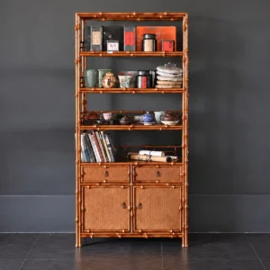 Bamboo Bookshelf Cabinet with Double Woven Doors and Drawers in clay — front view