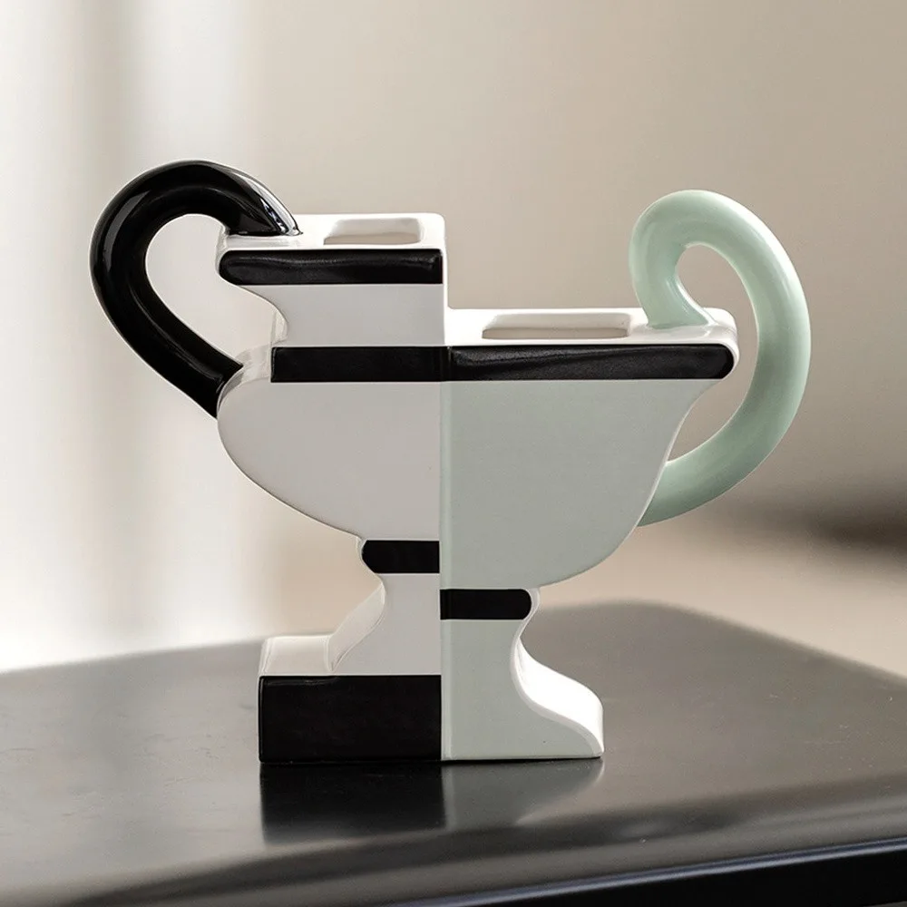 Postmodern Two-Tone Geometric Vase with Twin Loop Ears in ivory — front view
