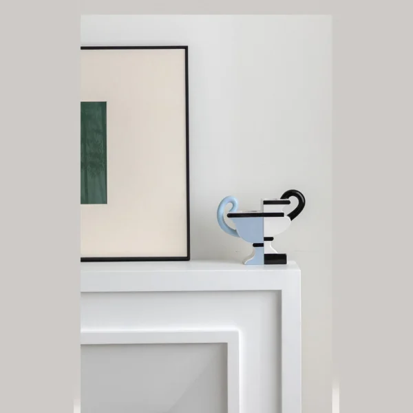Postmodern Two-Tone Geometric Vase with Twin Loop Ears in ivory — in a room setting