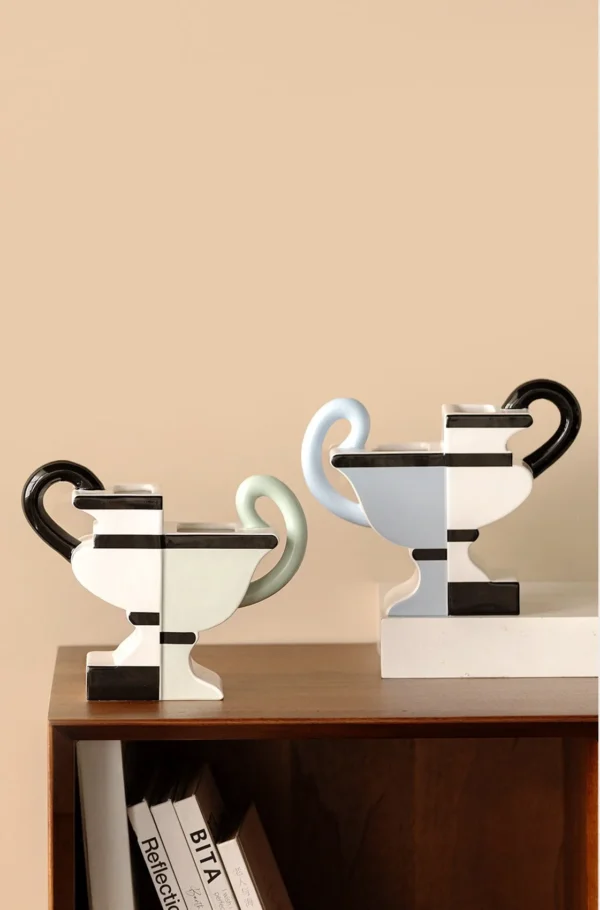 Postmodern Two-Tone Geometric Vase with Twin Loop Ears in ivory — in a room setting