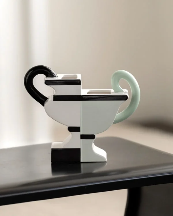 Postmodern Two-Tone Geometric Vase with Twin Loop Ears in ivory — in a room setting
