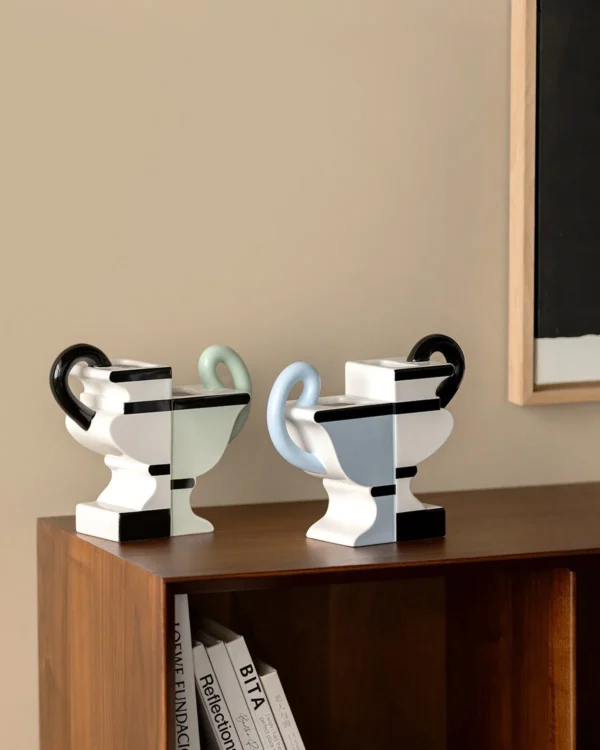 Postmodern Two-Tone Geometric Vase with Twin Loop Ears in ivory — in a room setting