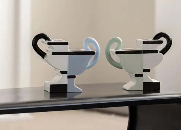 Postmodern Two-Tone Geometric Vase with Twin Loop Ears in ivory — in a room setting