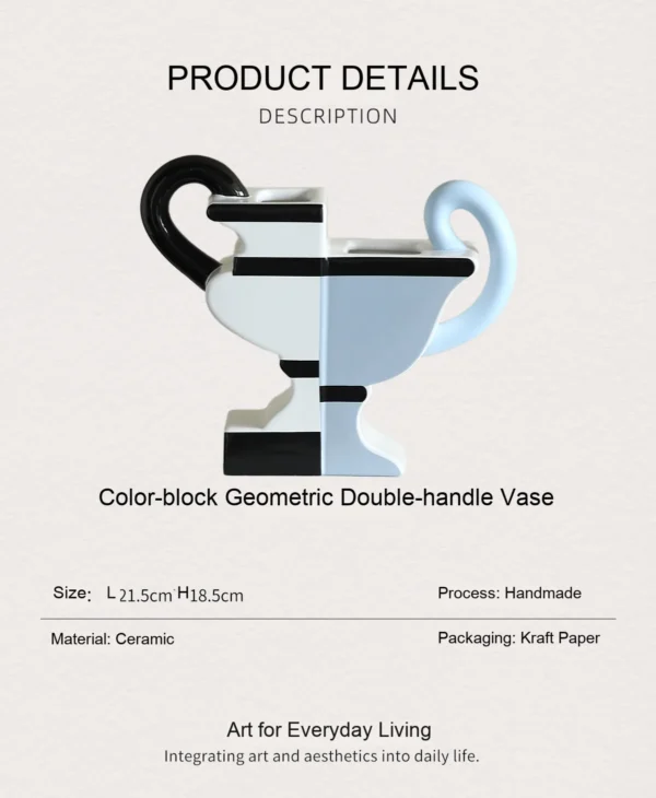 Postmodern Two-Tone Geometric Vase with Twin Loop Ears in ivory — dimensions