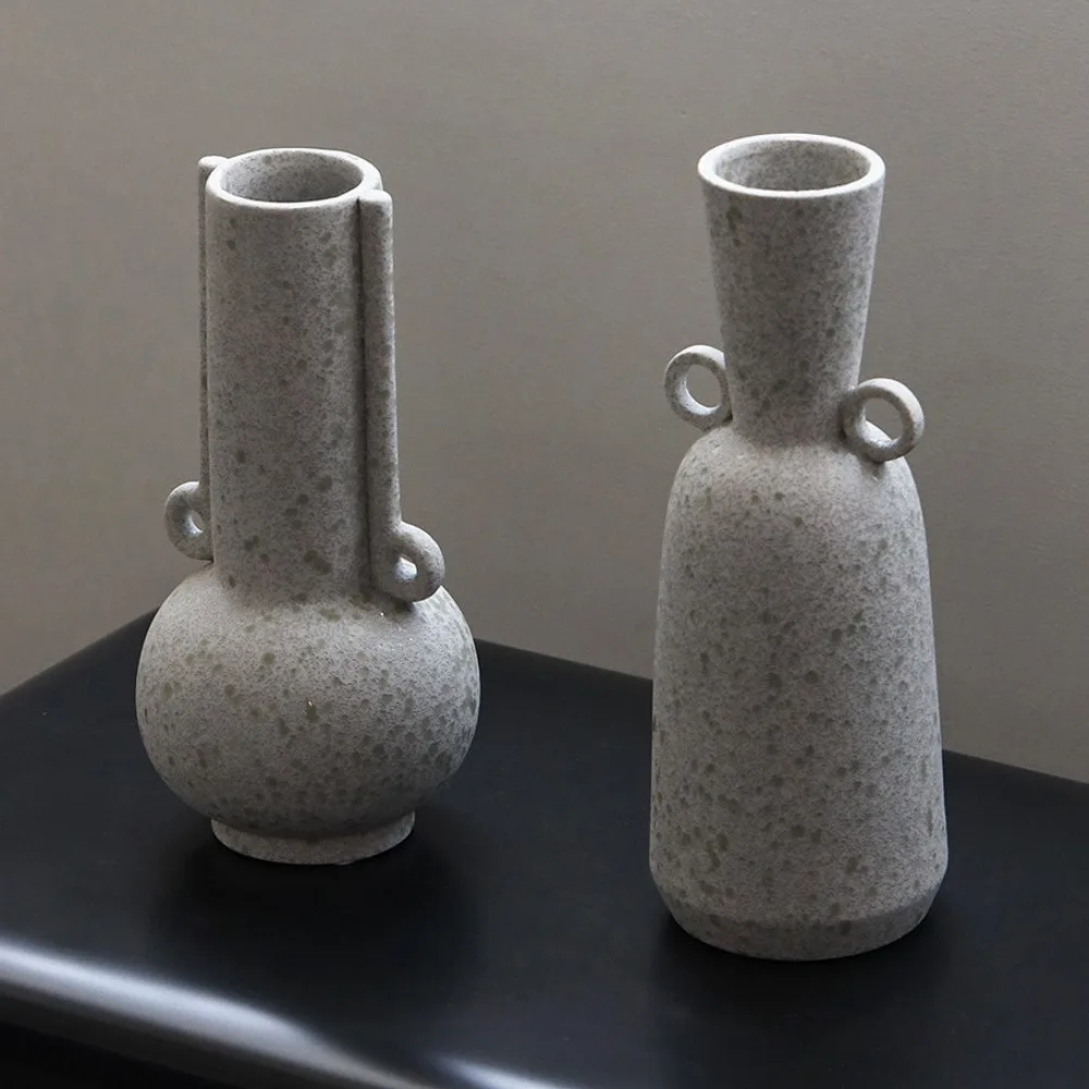 Speckled Grey Twin-Ear Ceramic Bud Vases in slate — front view