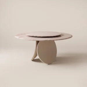 Pink Stone Round Table with Turntable on Twin-Leaf Base in rose stone — front view