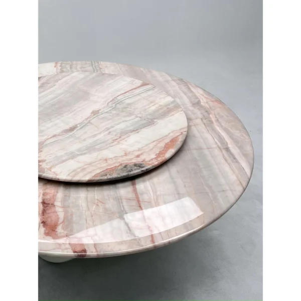 Pink Stone Round Table with Turntable on Twin-Leaf Base in rose stone — in a room setting