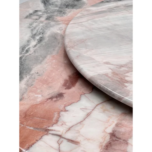 Pink Stone Round Table with Turntable on Twin-Leaf Base in rose stone — in a room setting