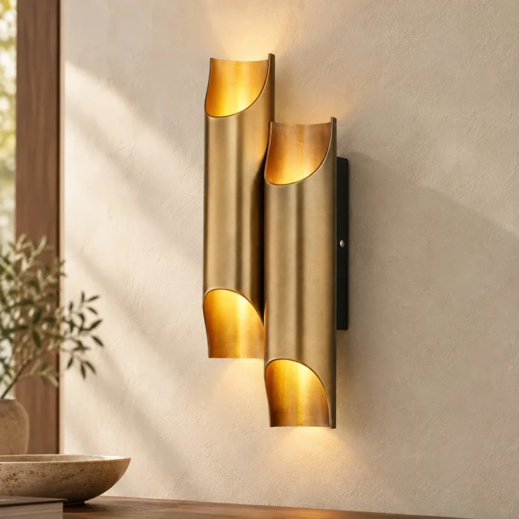 Double Brass Cylinder Up-Down Wall Light in brushed brass — front view