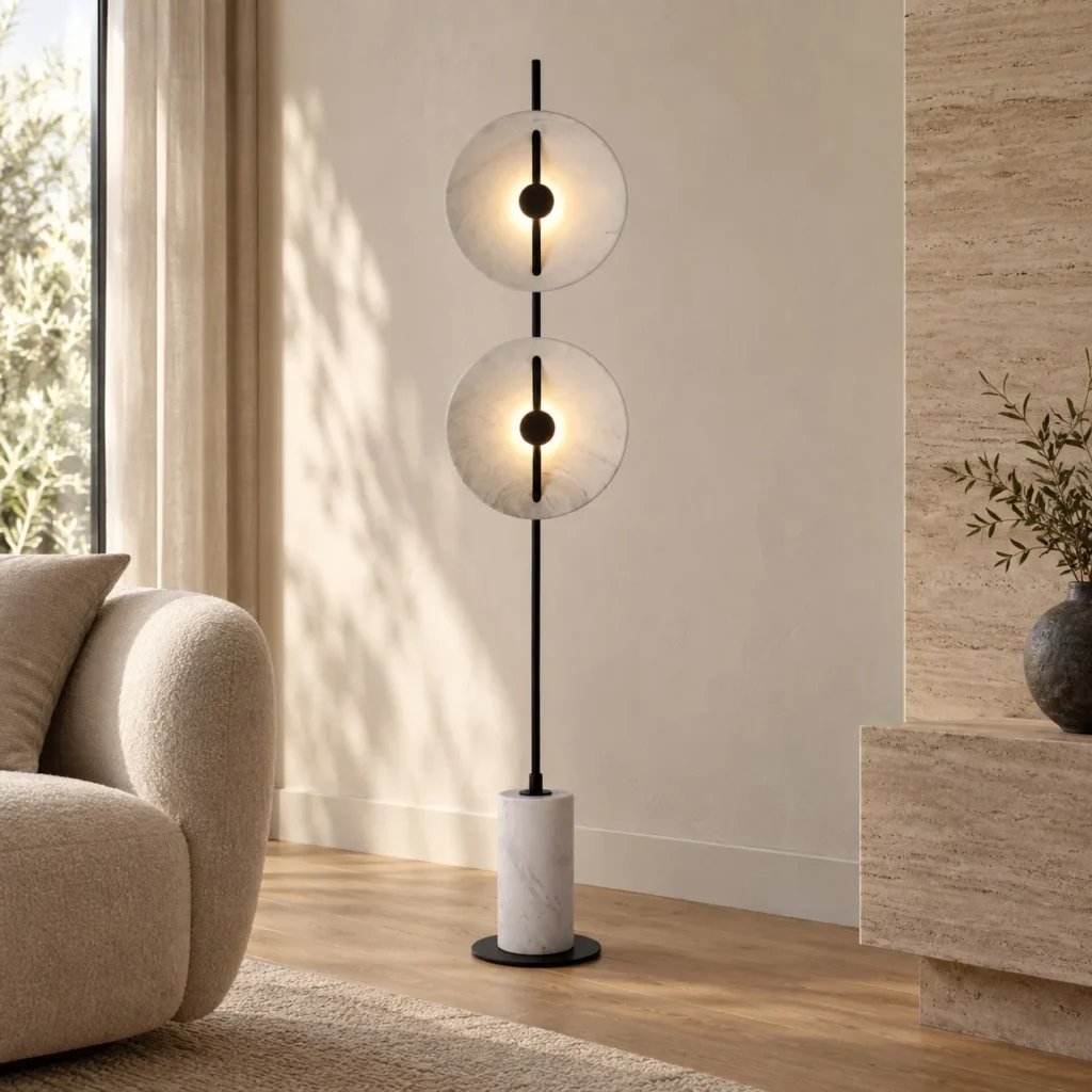 Double Stone-Pattern Disc Floor Lamp on Marble Base in black — front view