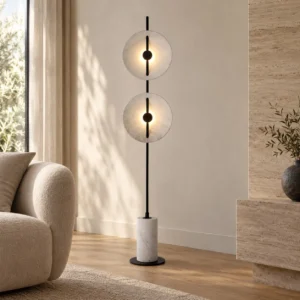 Double Stone-Pattern Disc Floor Lamp on Marble Base in black — front view