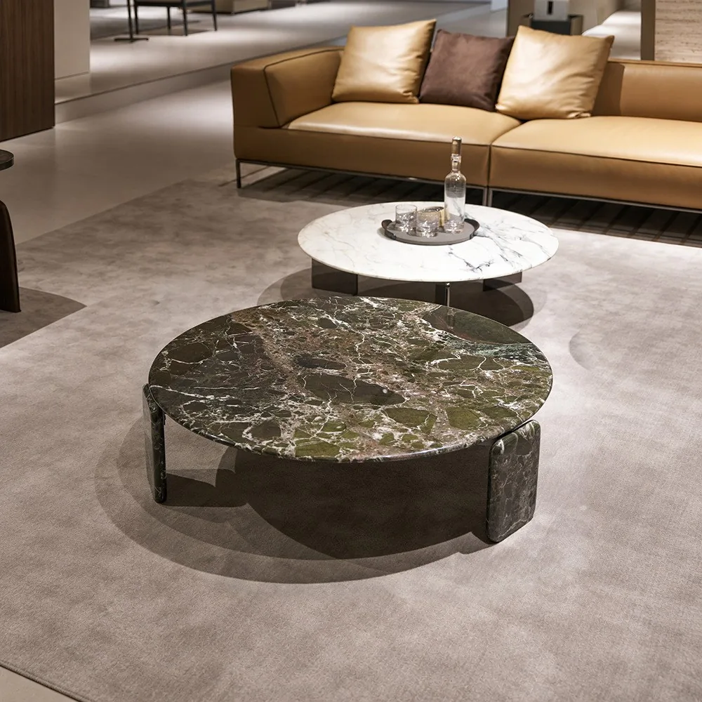 Floating Green Marble Round Coffee Table, 110 cm in olive — front view