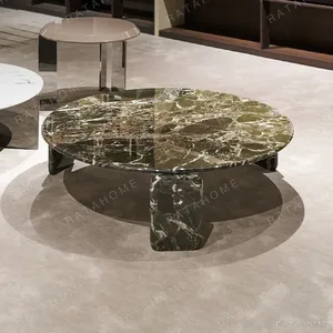 Floating Green Marble Round Coffee Table, 110 cm in olive — in a room setting