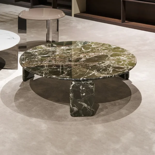 Floating Green Marble Round Coffee Table, 110 cm in olive — in a room setting