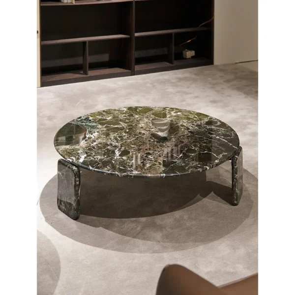 Floating Green Marble Round Coffee Table, 110 cm in olive — in a room setting
