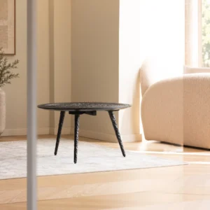 Hand-Carved Teak Round Coffee Table on Textured Metal Legs in clay — front view